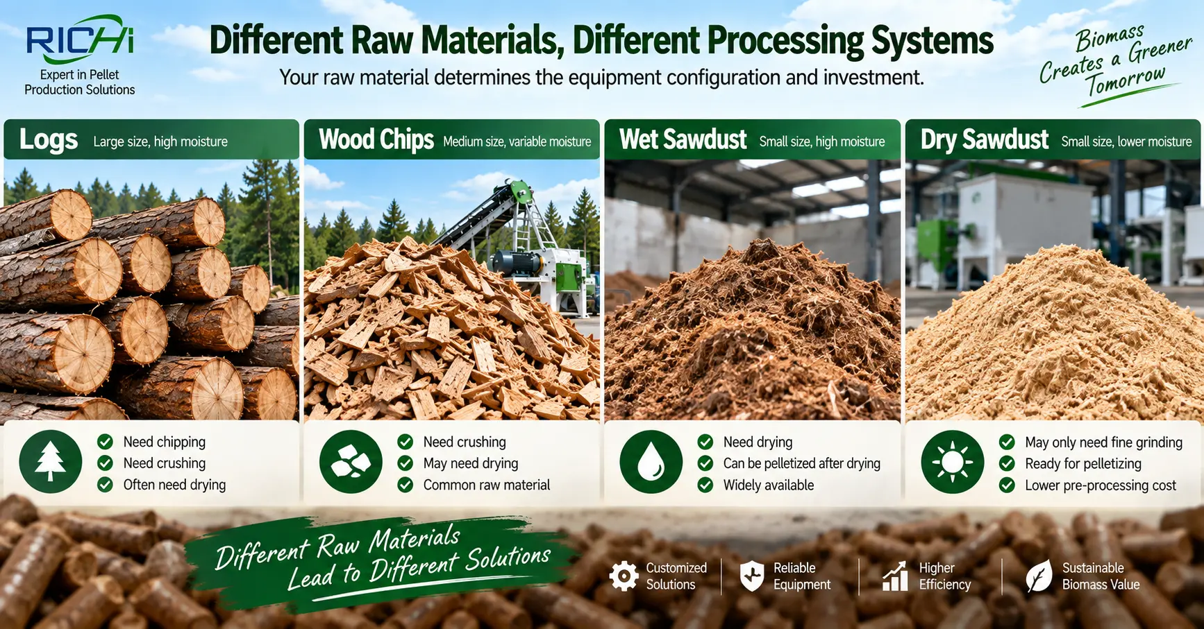 Logs wood chips sawdust and other raw materials for wood pellet production