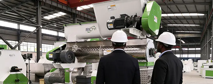 Customers visiting a pellet machine factory